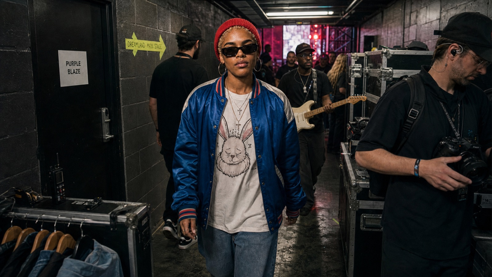 Purple Blaze atravessa o backstage antes do show