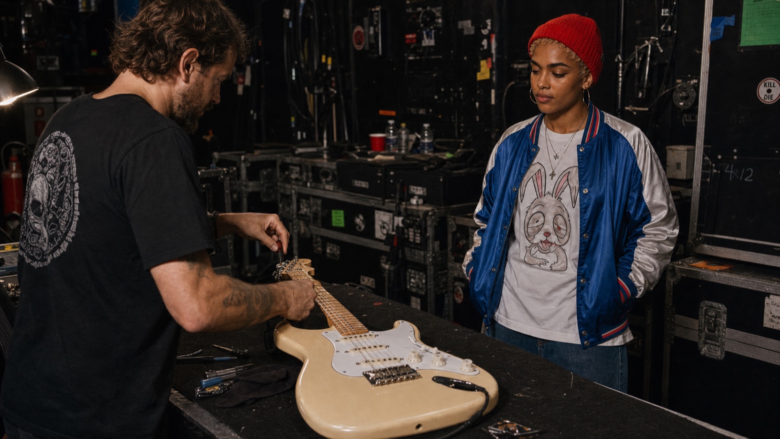 Técnico regula a Stratocaster creme de Purple Blaze