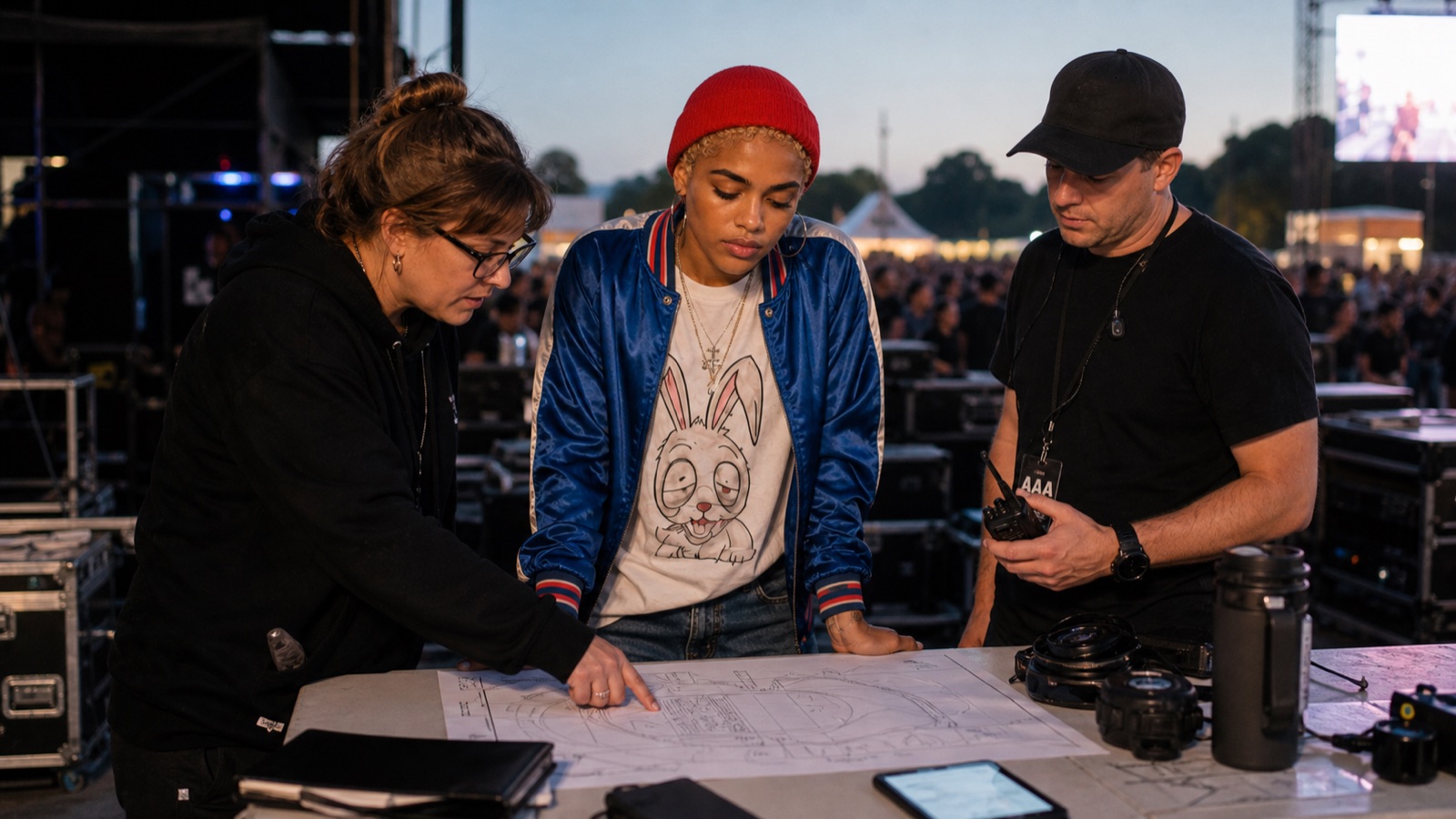 Purple Blaze e a equipe revisam o mapa de produção