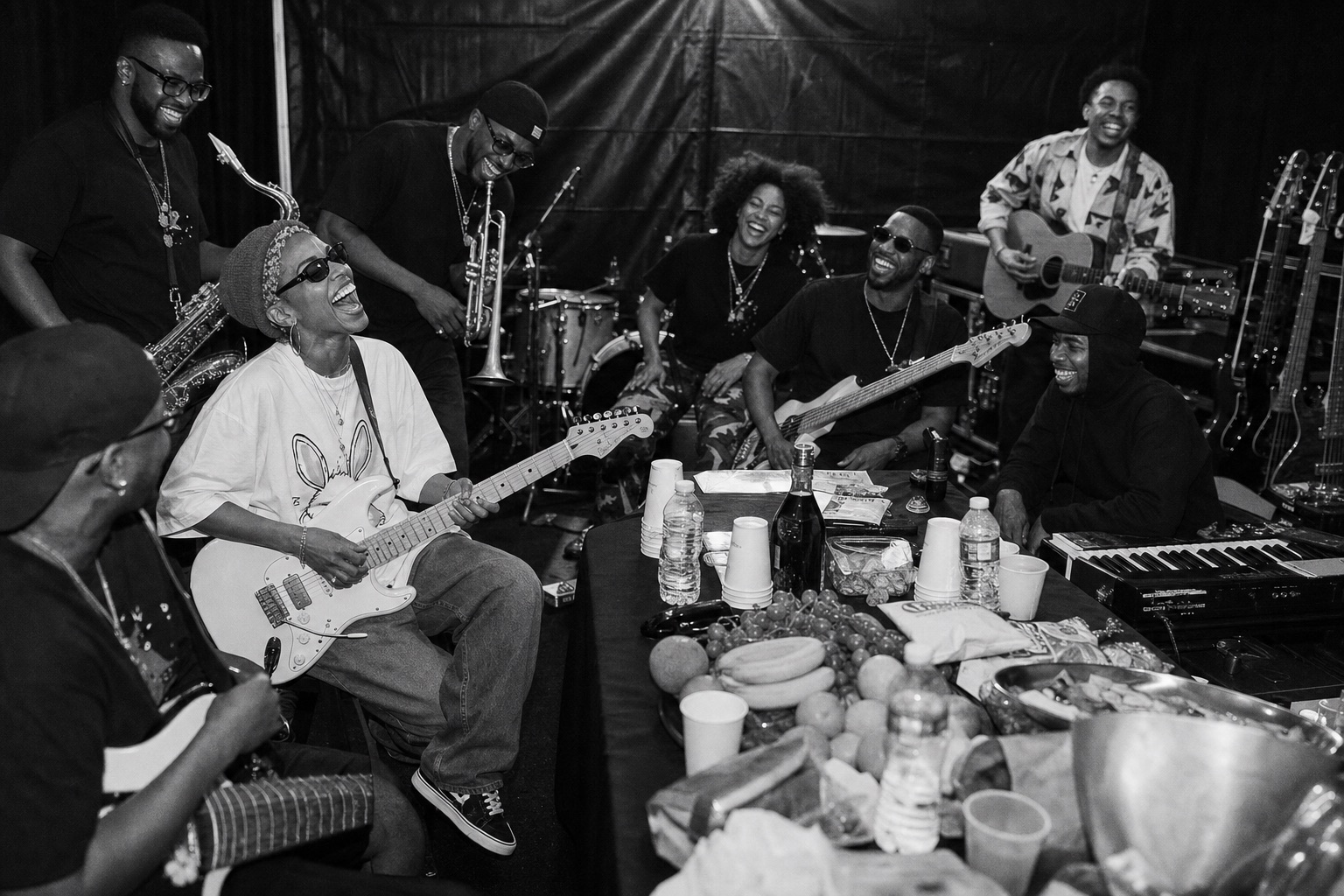 Purple Blaze e a banda rindo no camarim