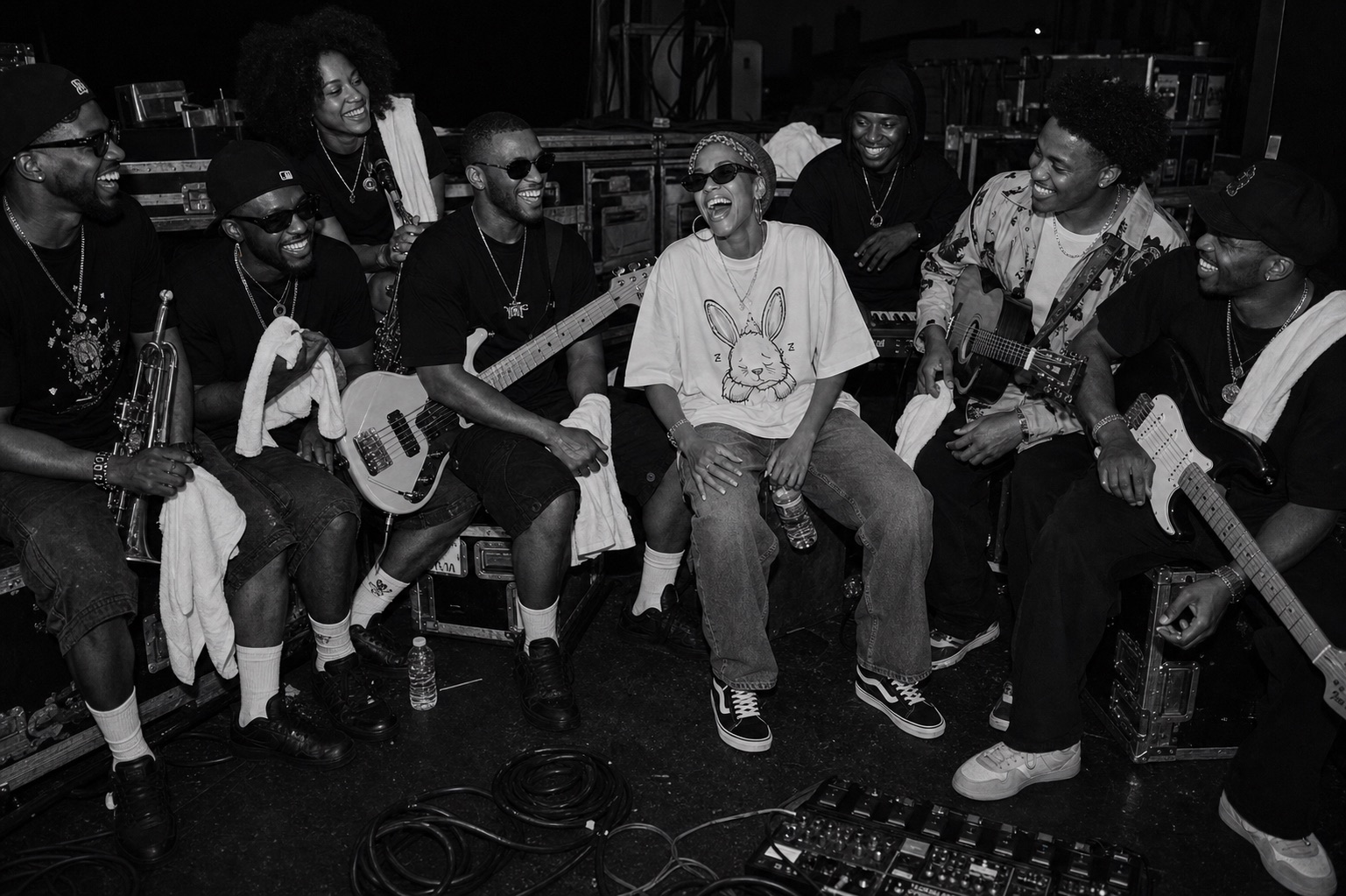 Purple Blaze e a banda confraternizando depois do show